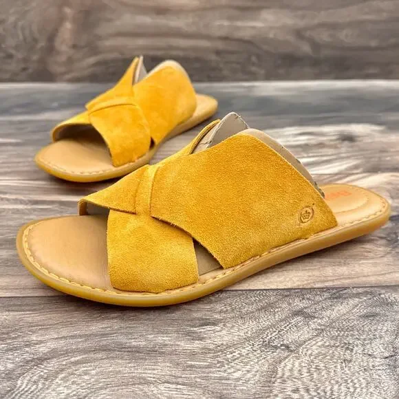 NIB Born Celena 9M Yellow Suede Cross Strap Flat Comfort Slide Sandals - Picture 3 of 10